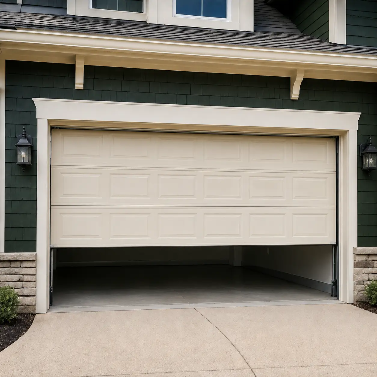 Garage door technician servicing a residential garage door