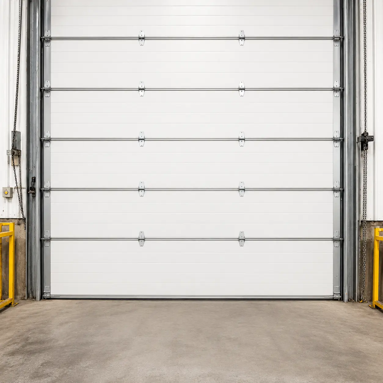 Commercial garage door technician servicing an industrial overhead door