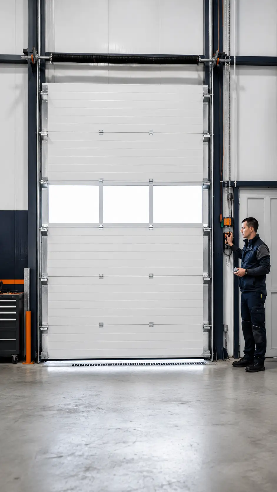Technician calibrating a heavy-duty commercial garage door operator