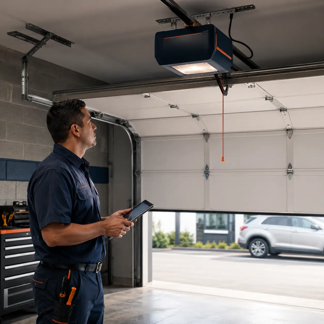 Commercial garage door technician inspecting a heavy-duty industrial door system