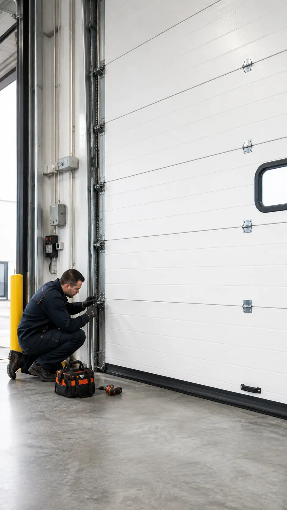 Technician repairing a heavy-duty commercial overhead garage door