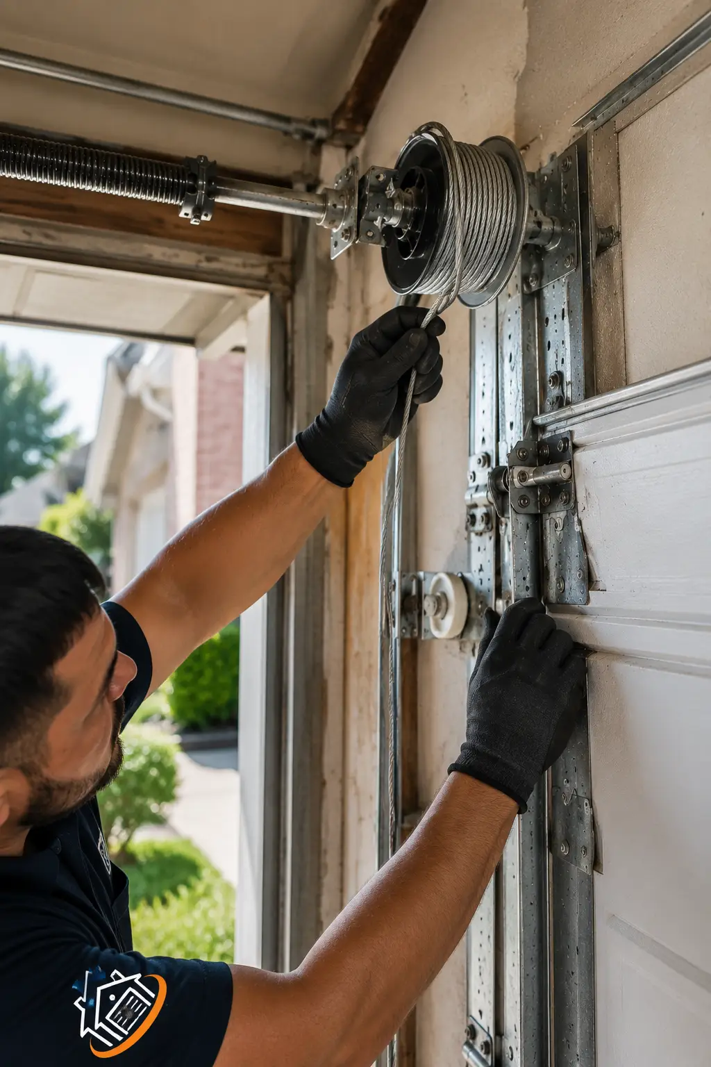 Technician performing emergency garage door cable and high-tension component realignment
