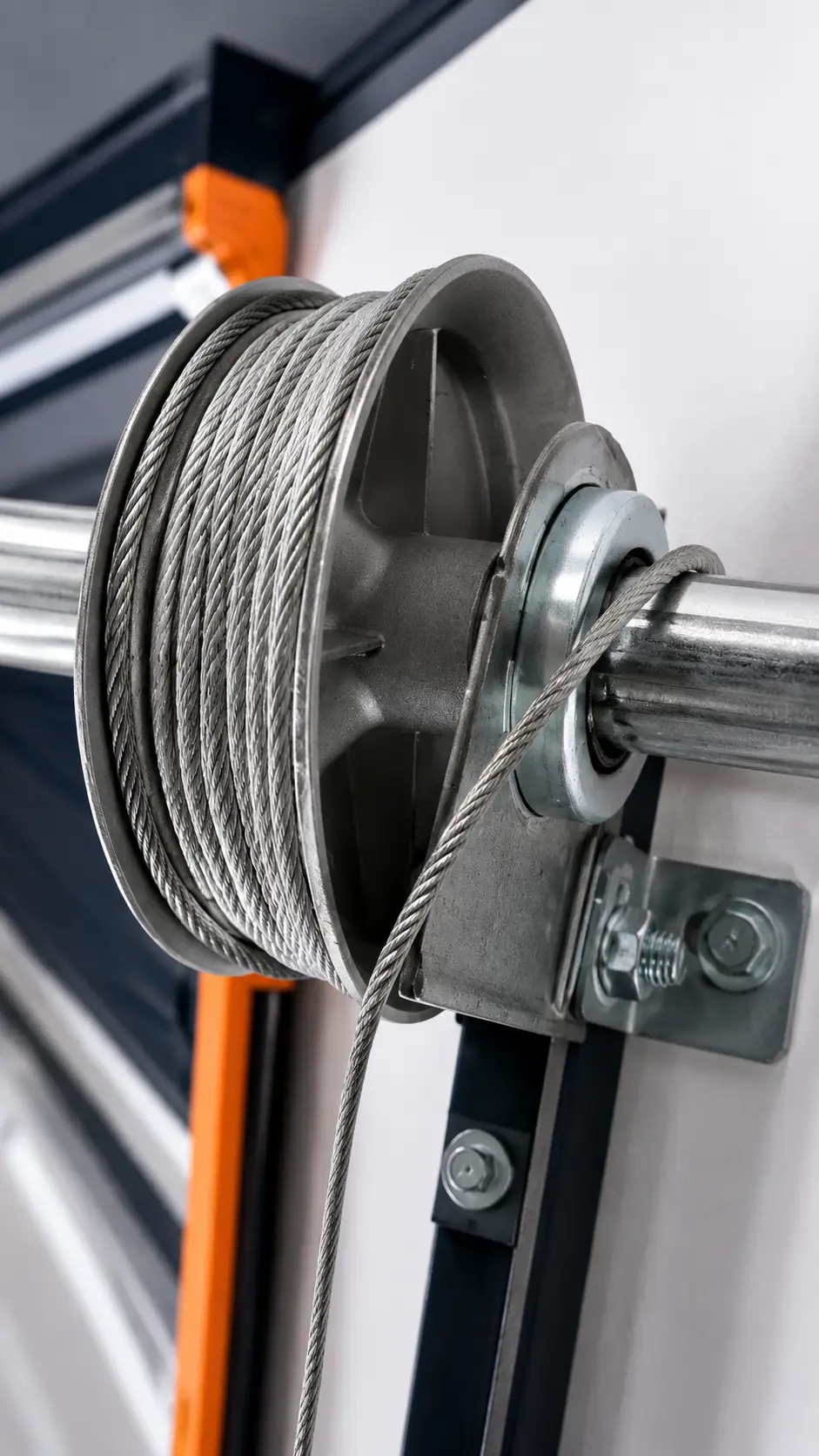 Emergency garage door technician resetting a loose lifting cable