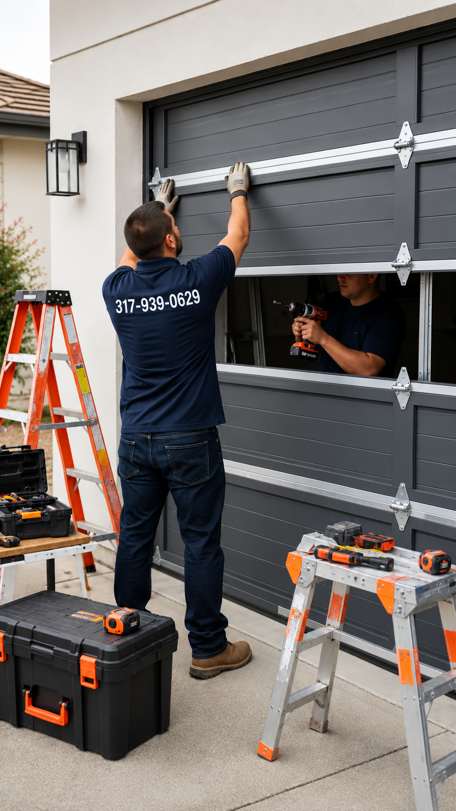 Emergency garage door technician realigning a damaged garage door panel