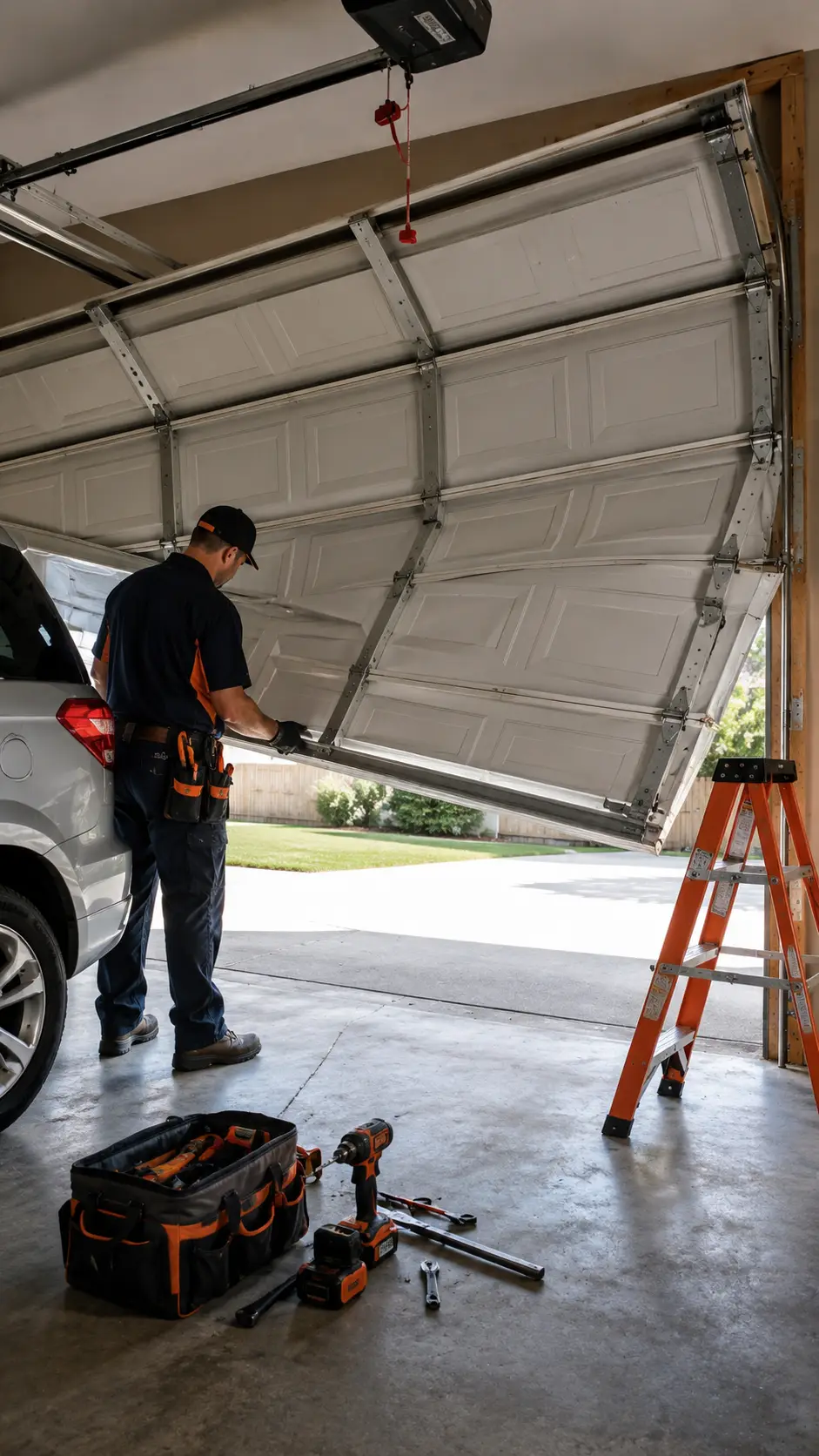 Emergency garage door technician unjamming an off-track residential door