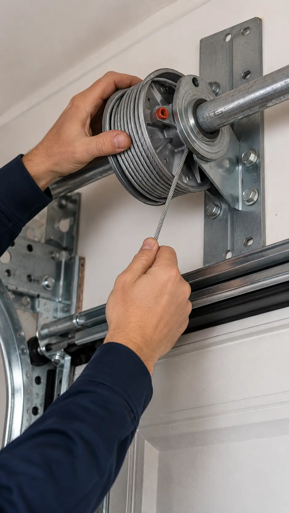 Garage door technician replacing cables and drums in Lawrence