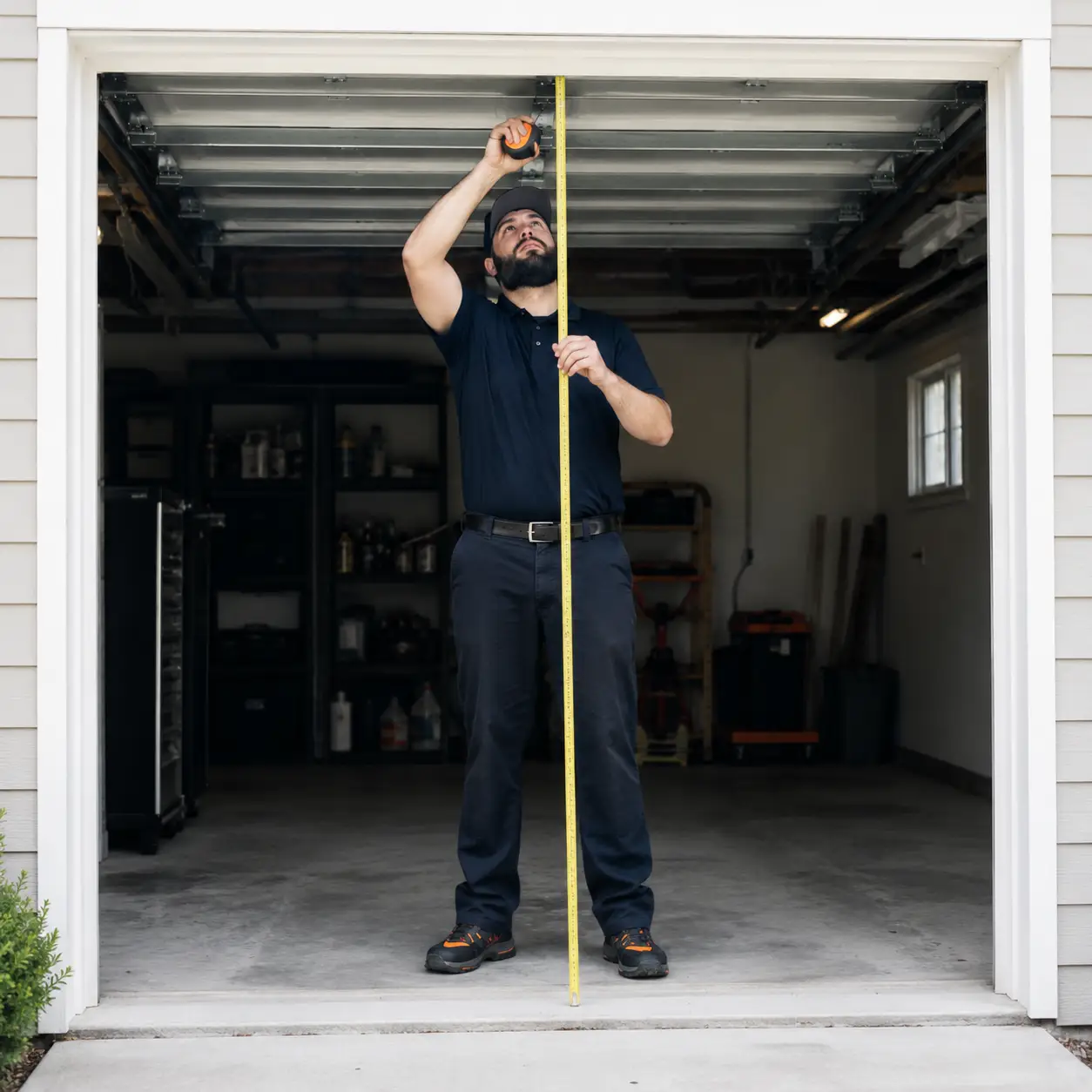Technician measuring and aligning a garage door installation in Lawrence