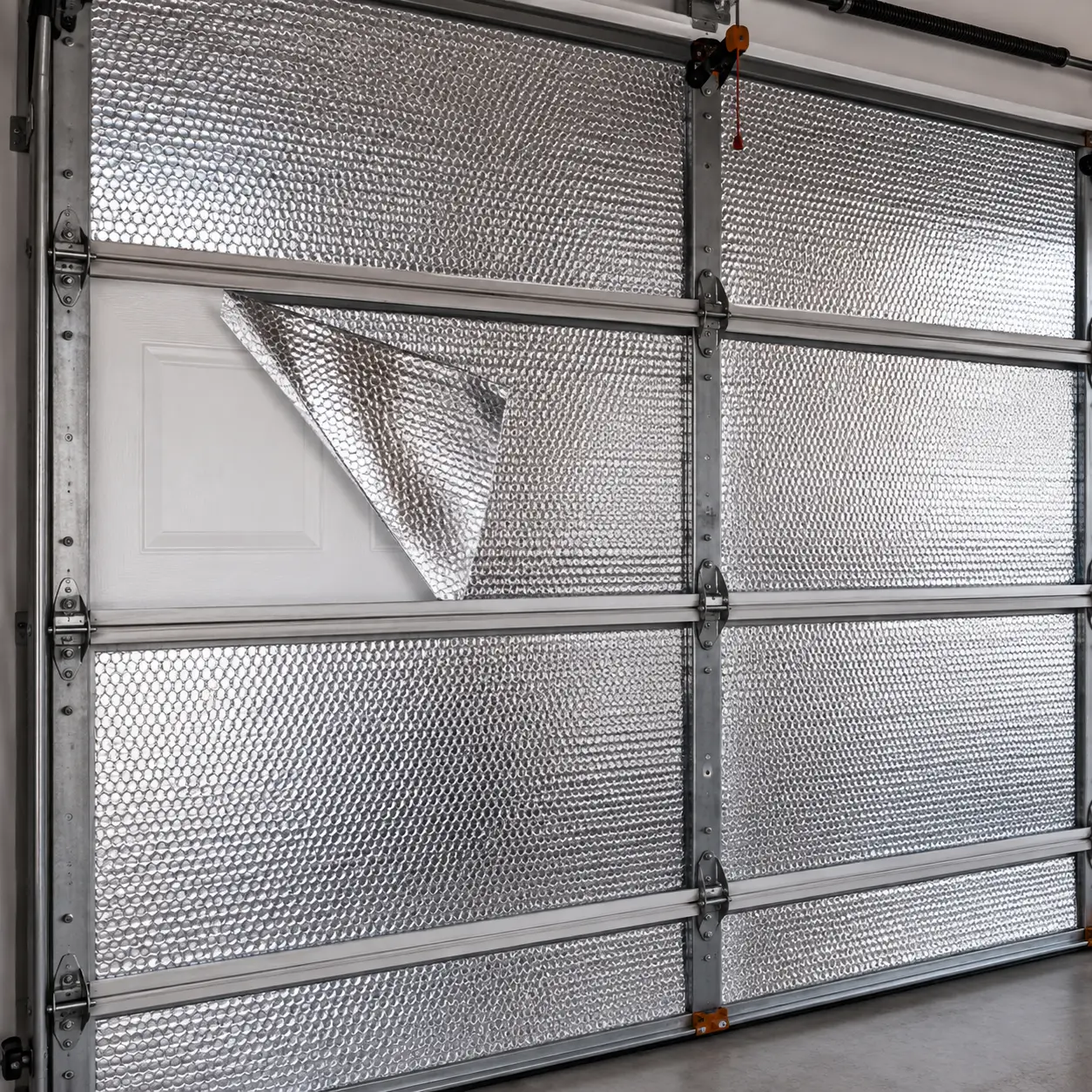 Technician installing insulated garage door panels and weather seals in Lawrence