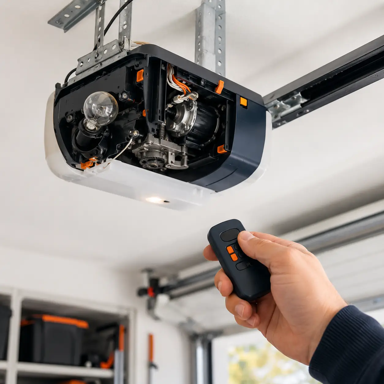 Technician calibrating garage door opener sensors and travel limits