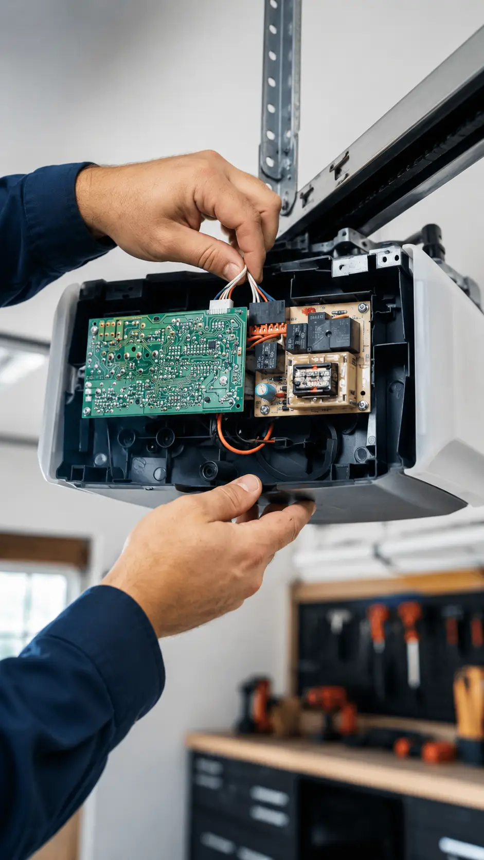 Technician diagnosing a garage door opener motor and logic board