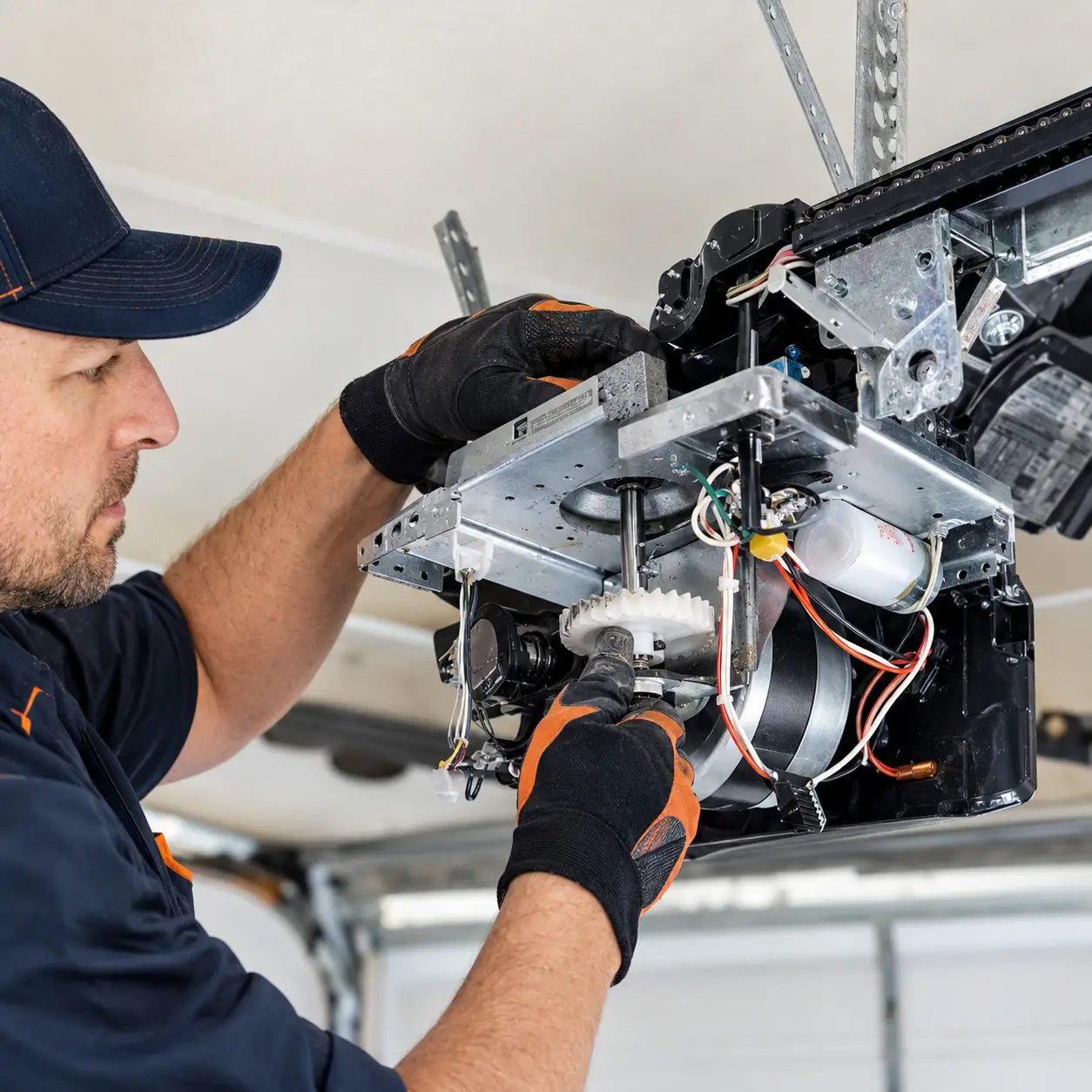 Garage door opener repair technician servicing an automatic opener