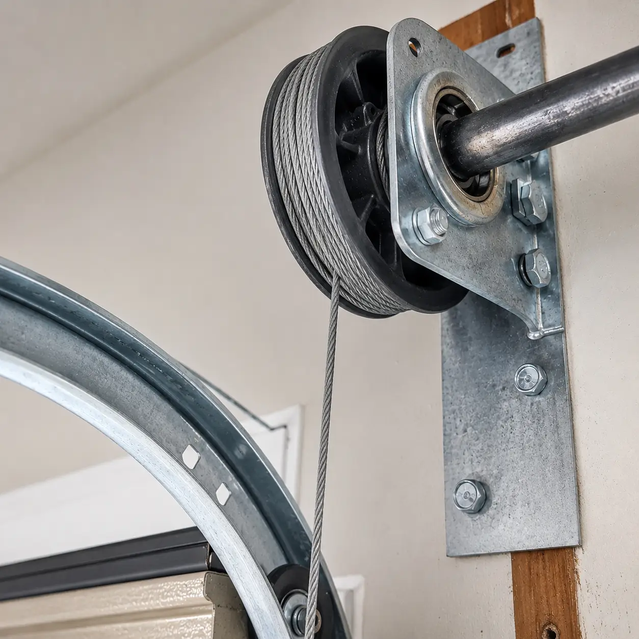 Technician inspecting garage door hardware and replacement parts in Lawrence
