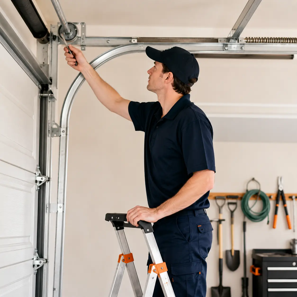 Garage door technician checking cables, tracks and rollers in Lawrence