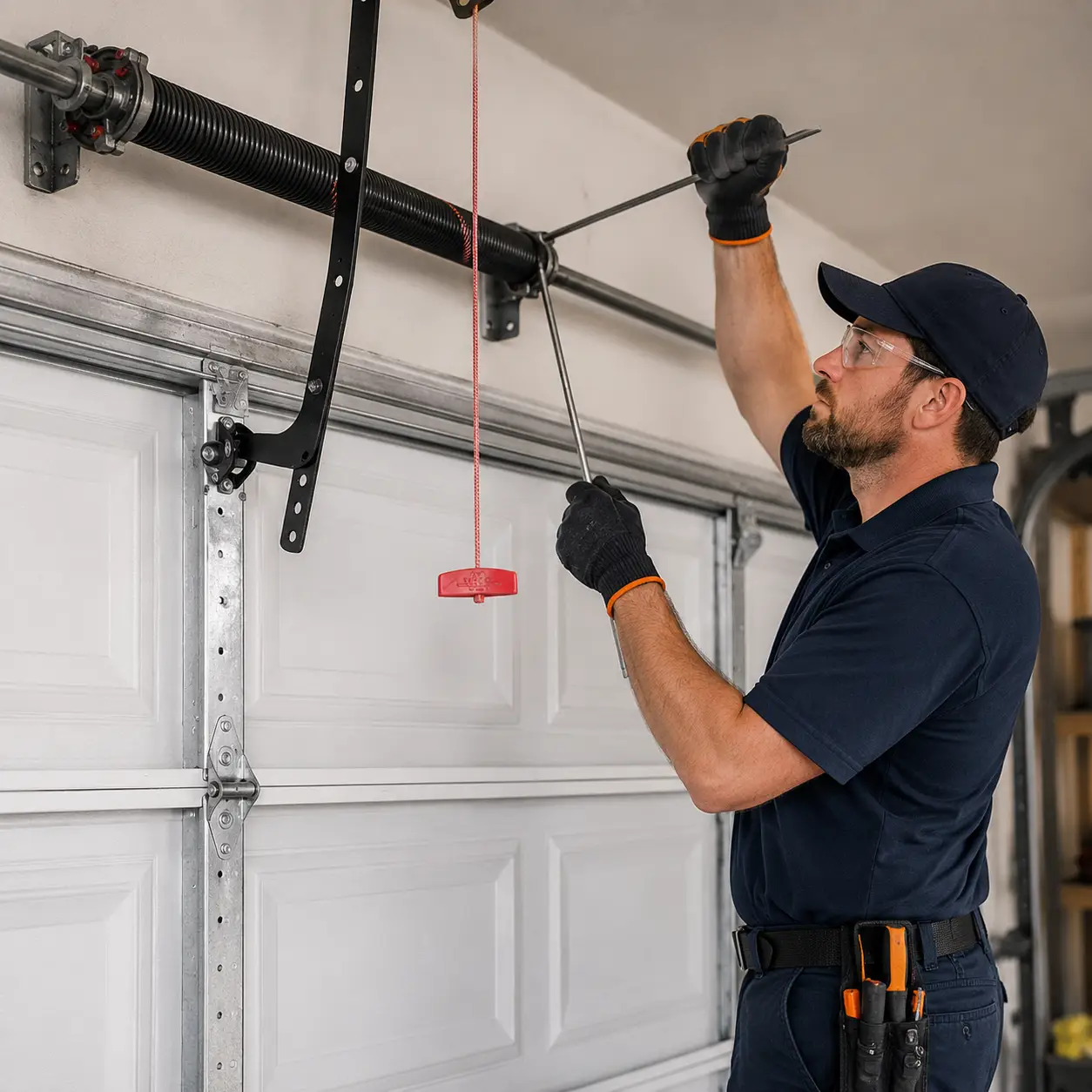 Garage door repair technician performing track alignment and mechanical optimization