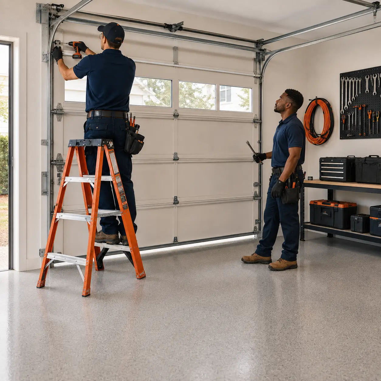 Garage door technician repairing residential garage door