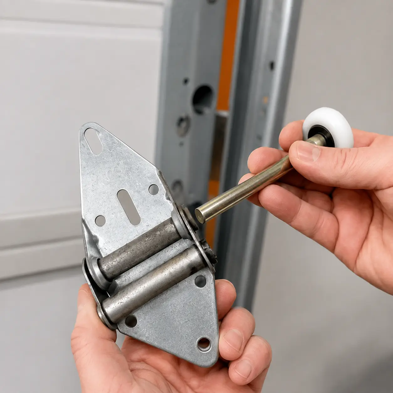 Garage door technician replacing nylon rollers and damaged sections in Lawrence