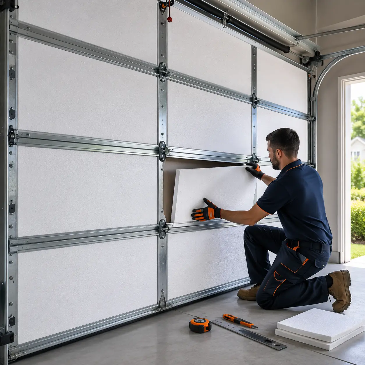 Lawrence technician performing complete garage door system overhaul and panel installation