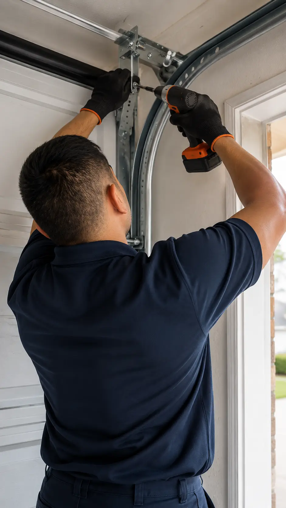 Garage door technician realigning tracks and side rails in Lawrence