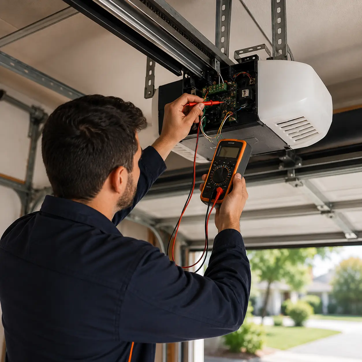 Garage door repair technician performing motorized drive and circuit diagnostics