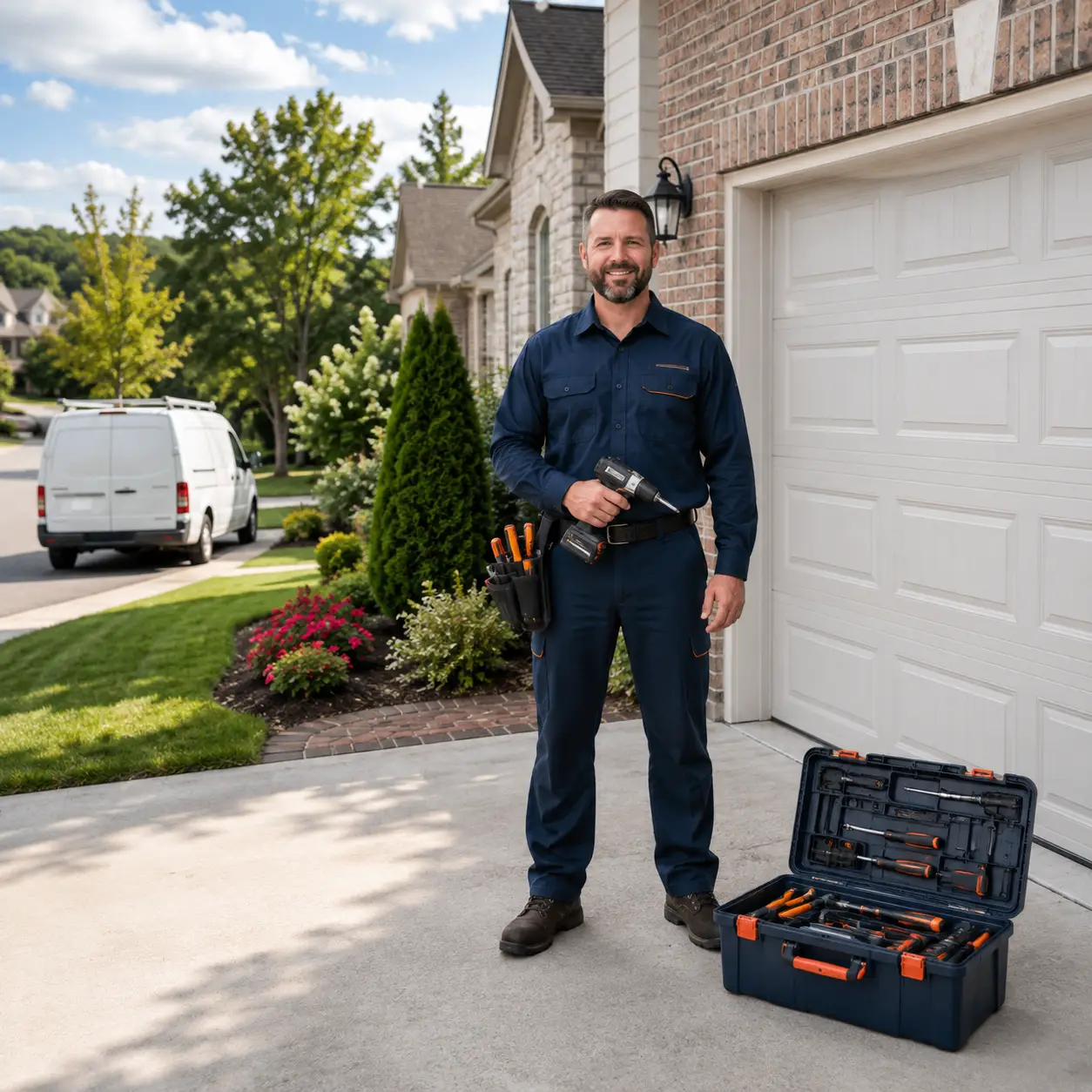 Residential garage door technician inspecting a home garage door system