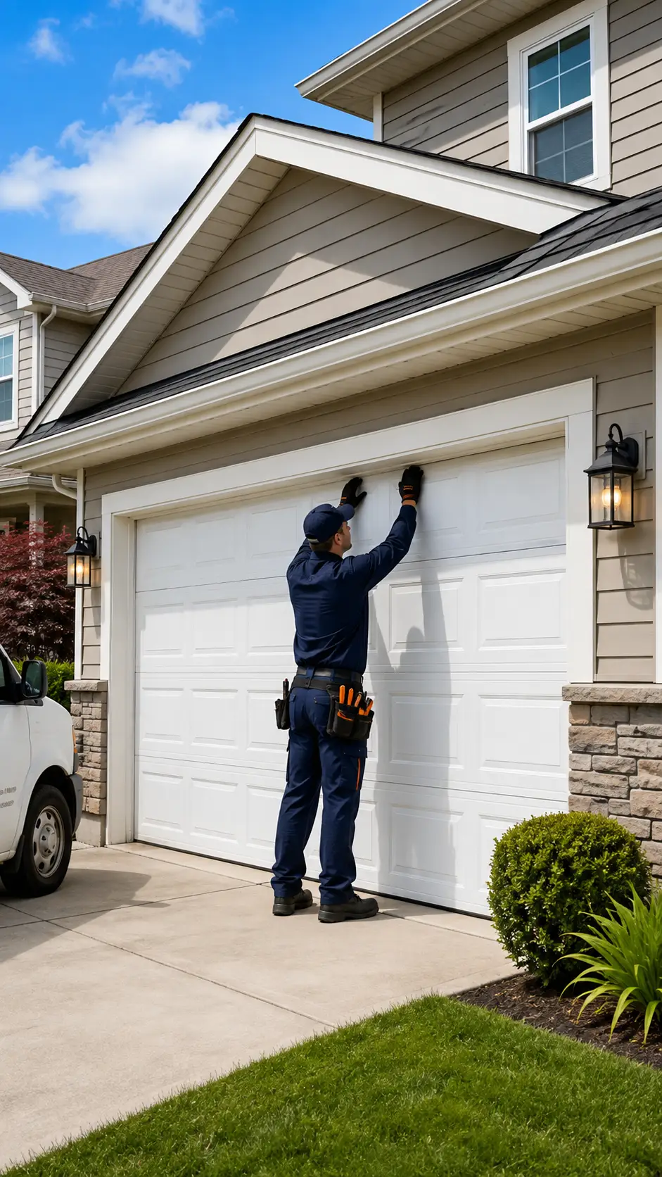 Technician restoring a residential garage door at a home in Lawrence