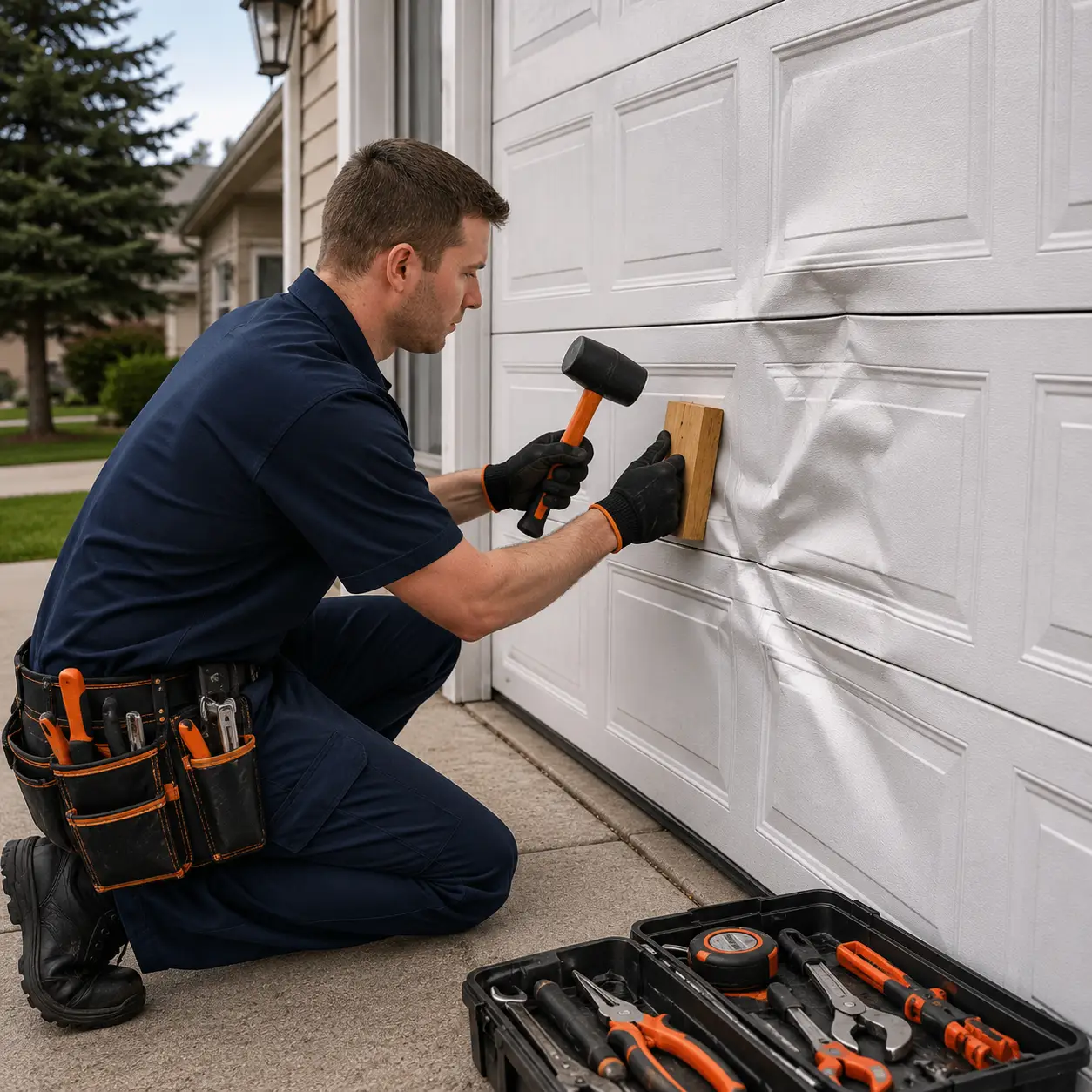 Technician realigning a damaged sectional garage door panel and track