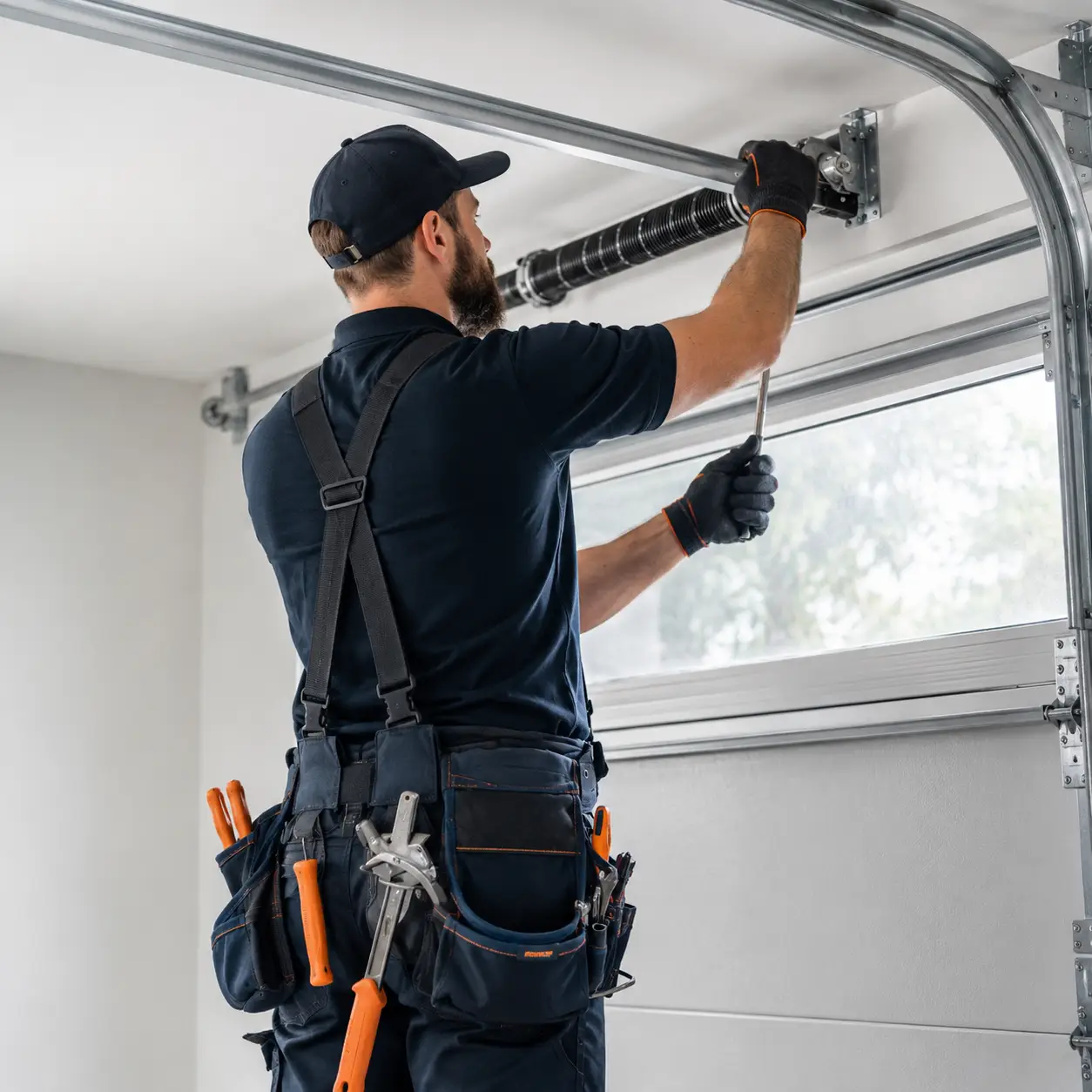 Garage door maintenance technician fine-tuning torsion spring balance in Lawrence