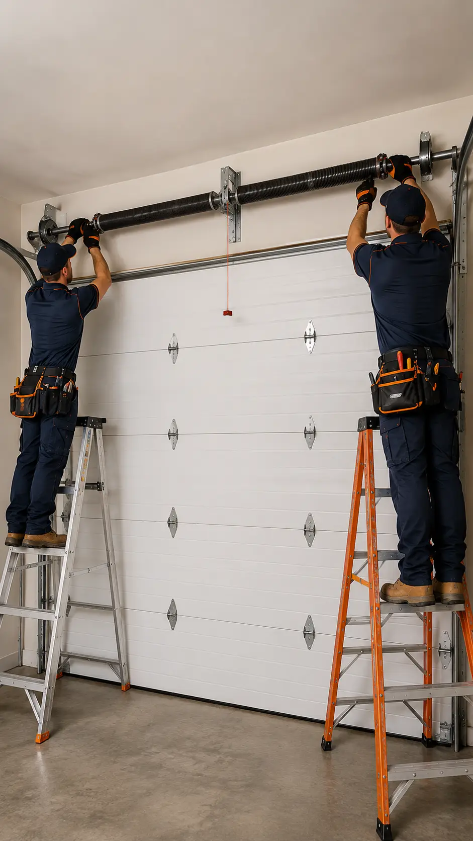 Lawrence Garage Door Pro technician rebalancing a torsion spring and securing garage door drums and cables