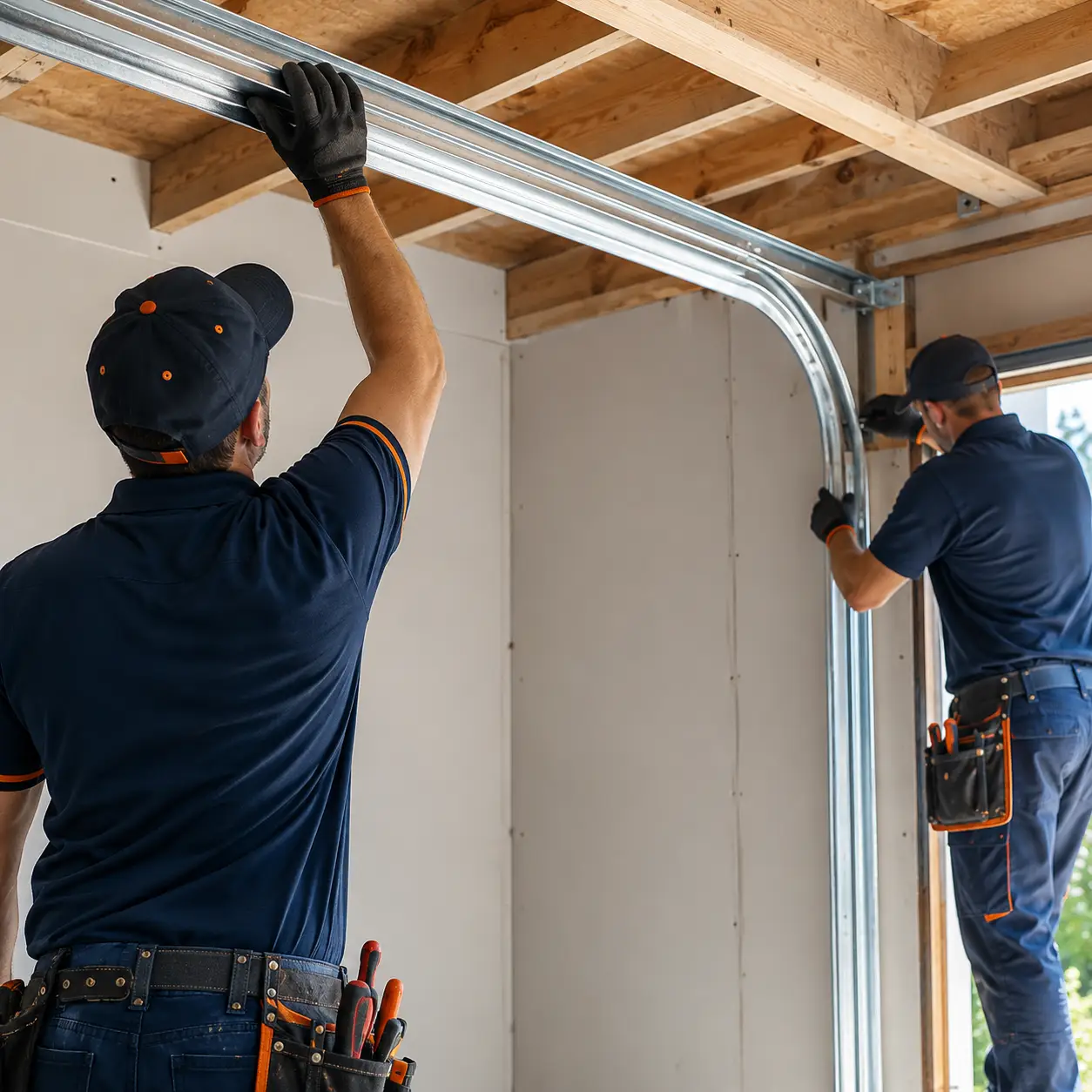 Technician replacing garage door weatherstripping and realigning tracks in Lawrence